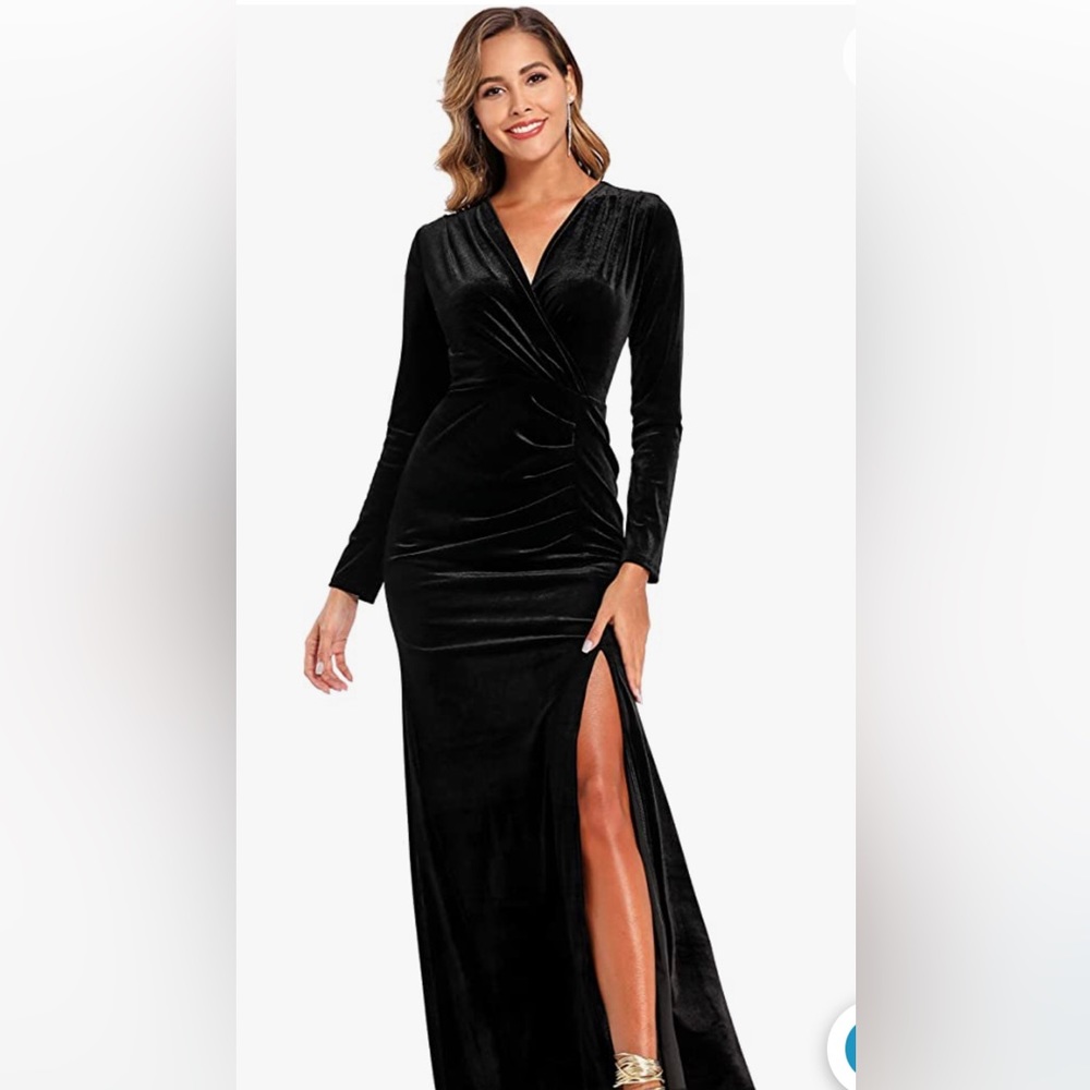 NWT Long Sleeve Wrap Velvet Long Formal Cocktail Dress Black S
